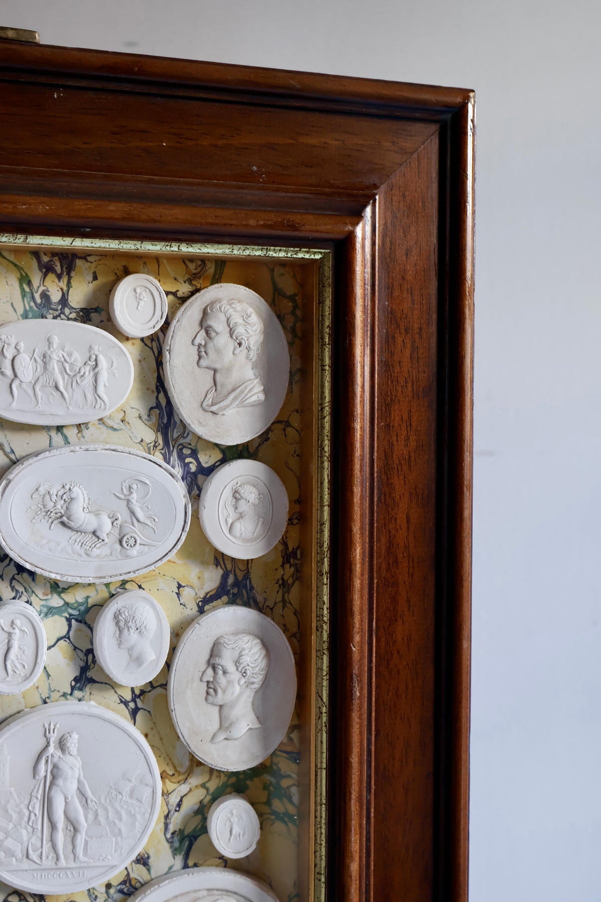 Vintage Grand Tour-Style Plaster Intaglio Collection in Mahogany & Brass Display Frame