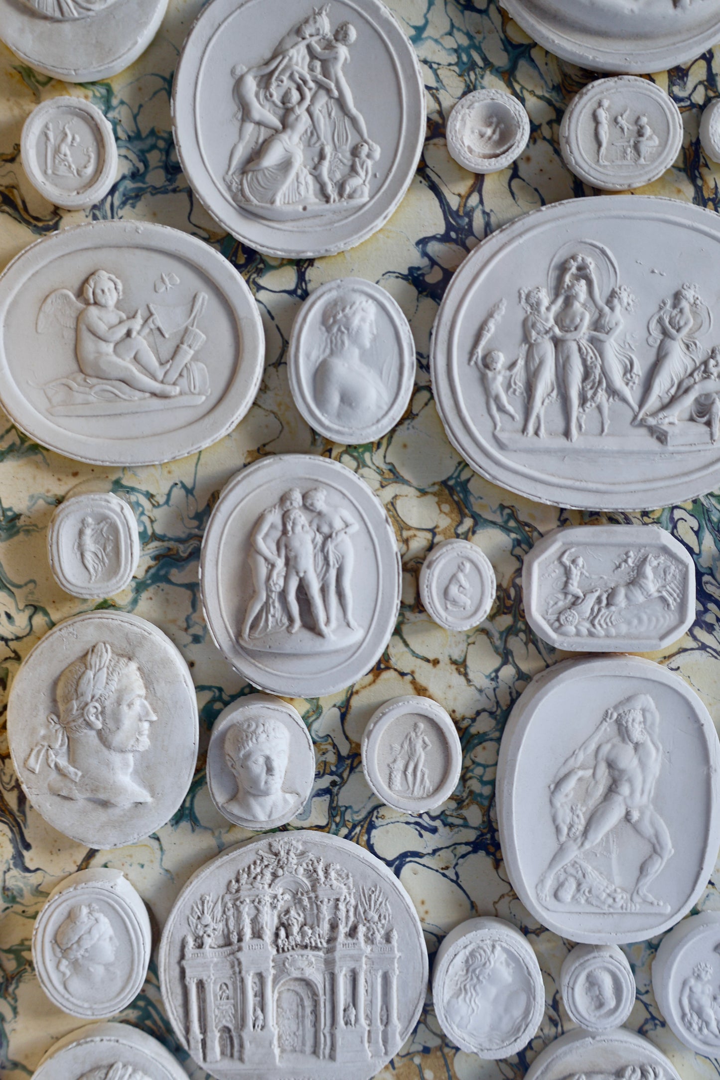 Vintage Grand Tour-Style Plaster Intaglio Collection in Mahogany & Brass Display Frame