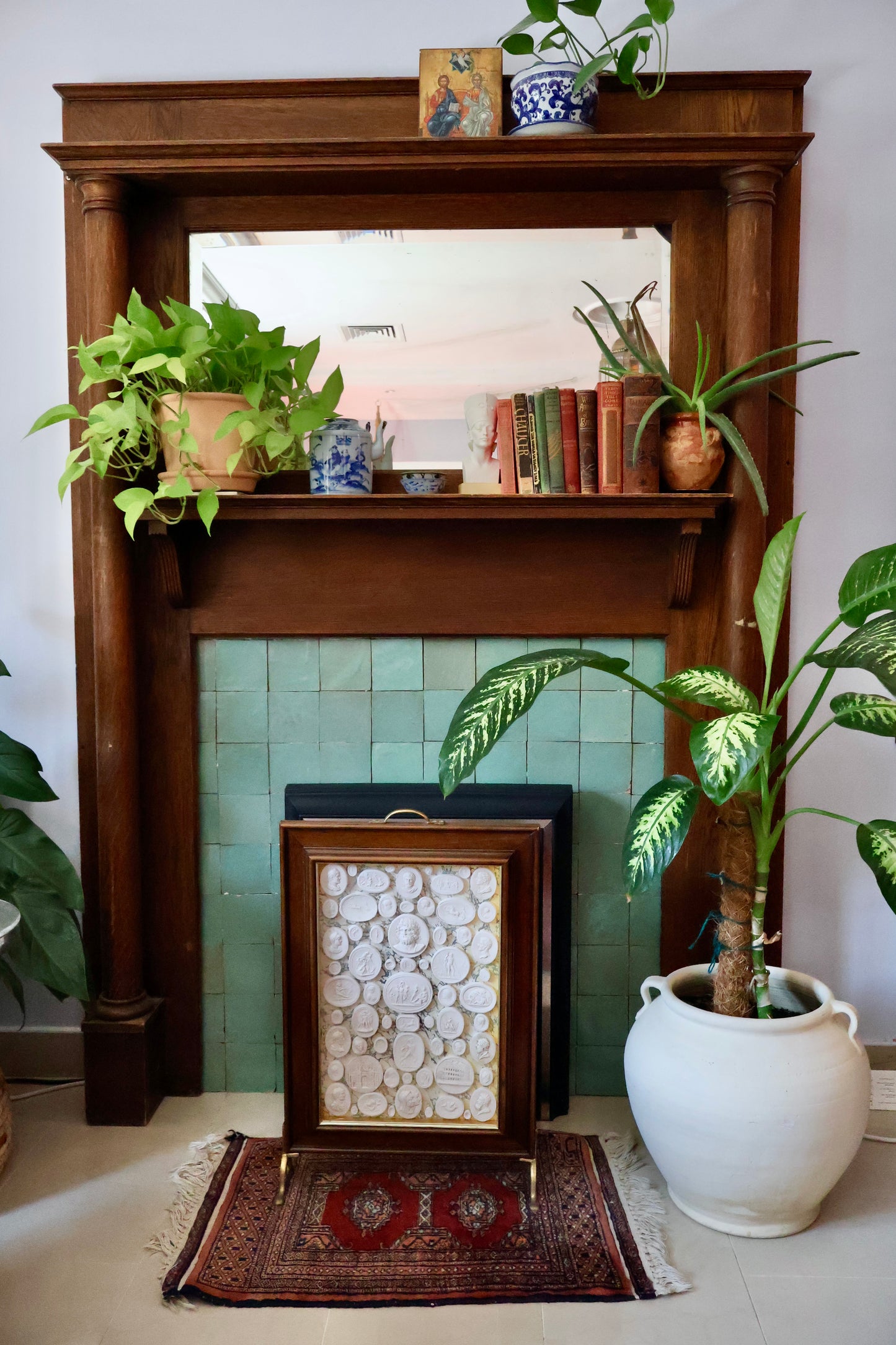 Vintage Grand Tour-Style Plaster Intaglio Collection in Mahogany & Brass Display Frame