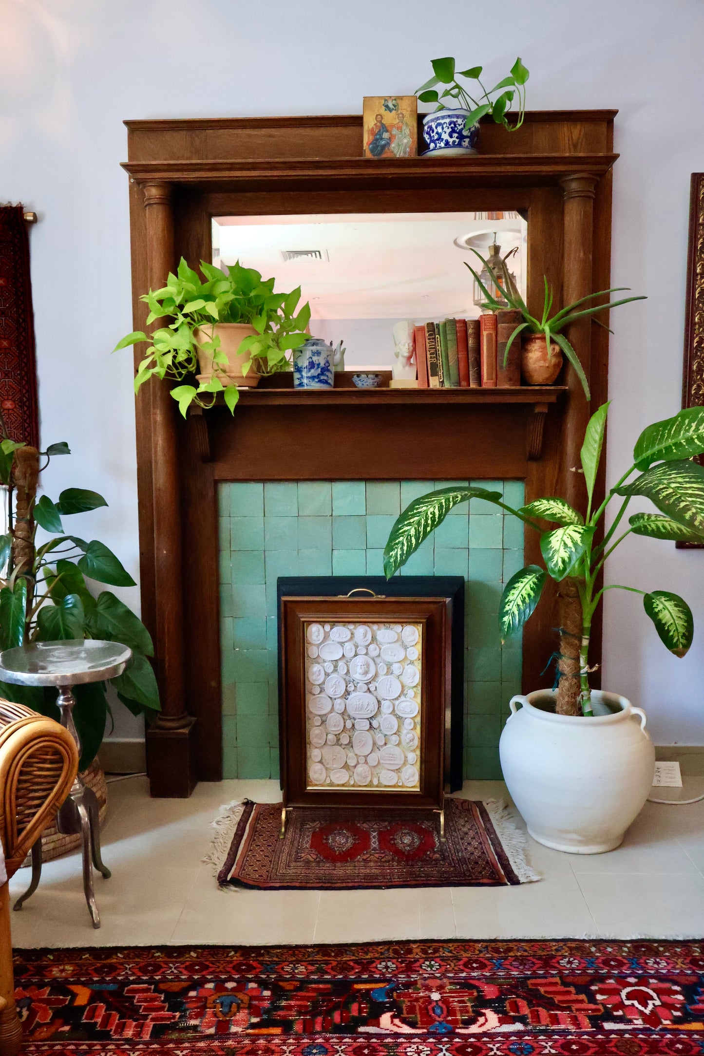 Vintage Grand Tour-Style Plaster Intaglio Collection in Mahogany & Brass Display Frame