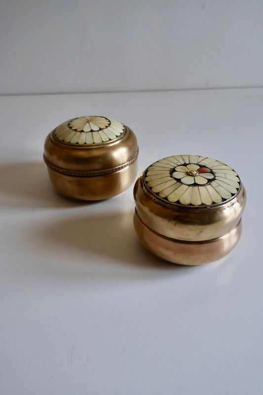 Vintage Indian Brass & Bone Inlay Boxes – Set of 2