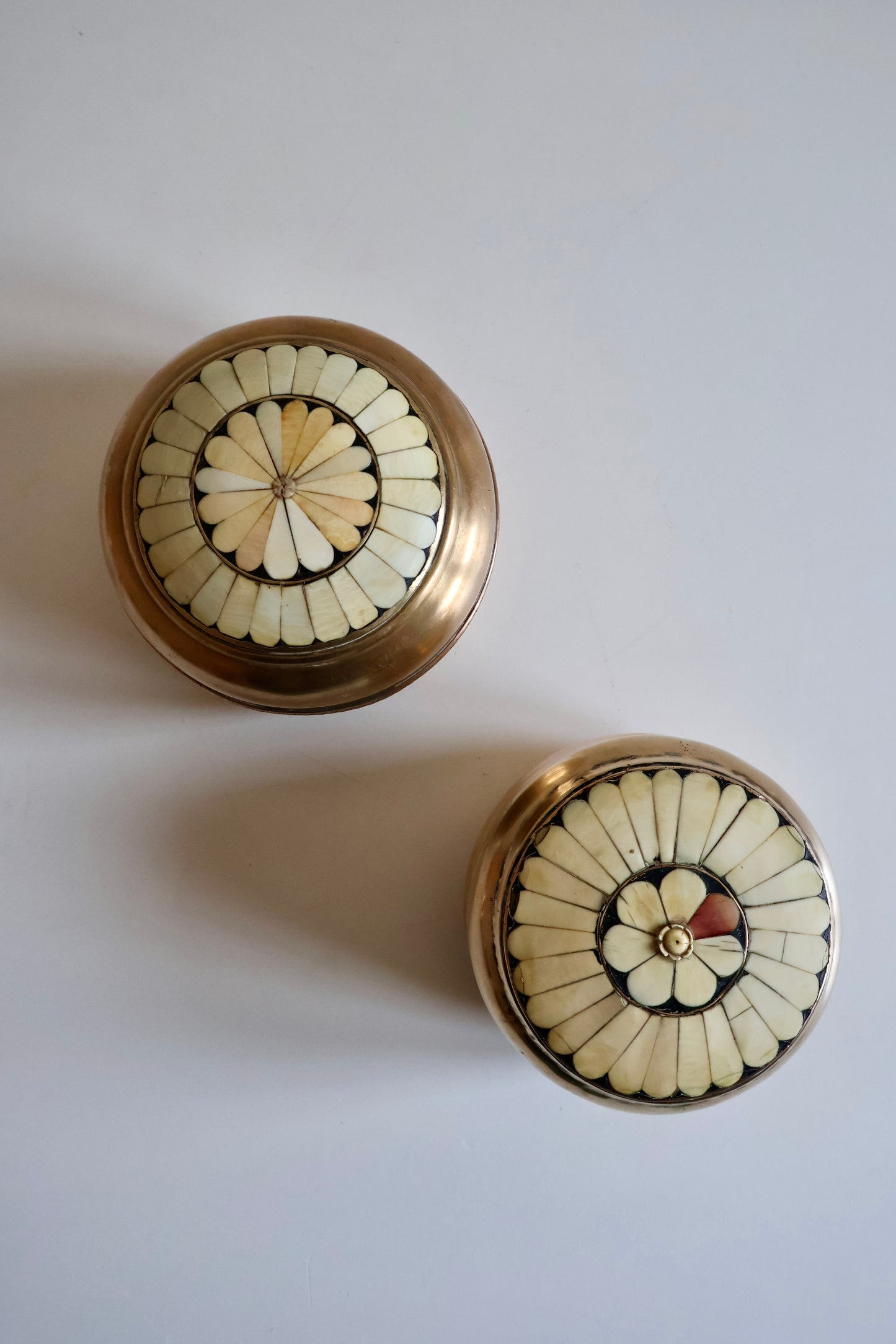 Vintage Indian Brass & Bone Inlay Boxes – Set of 2