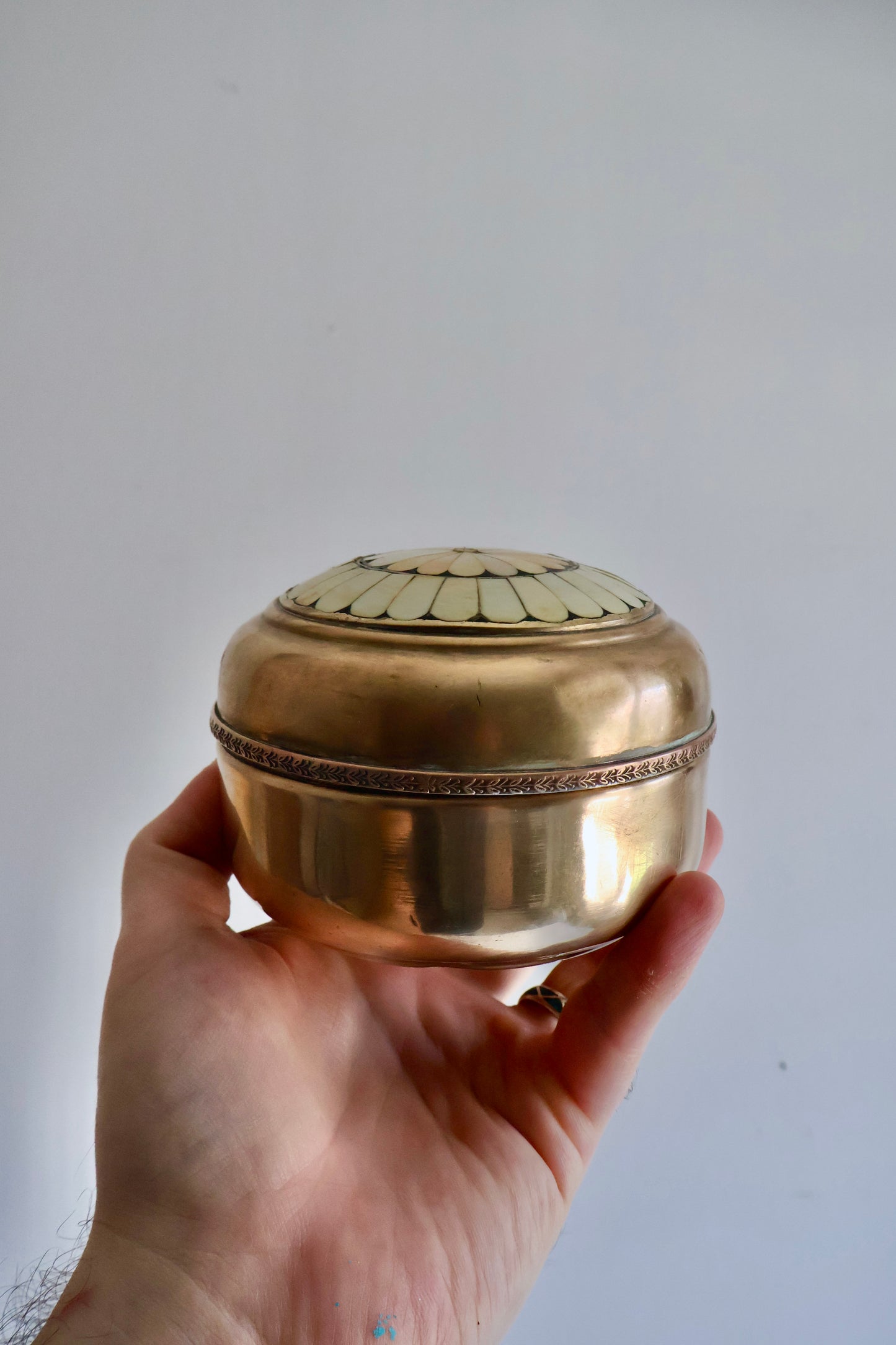 Vintage Indian Brass & Bone Inlay Boxes – Set of 2