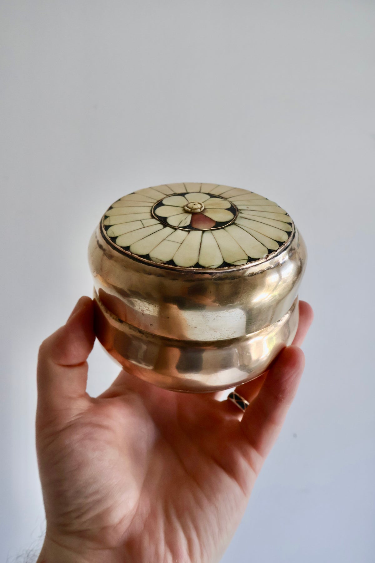 Vintage Indian Brass & Bone Inlay Boxes – Set of 2