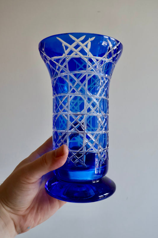 Vintage Cobalt Blue Cut-to-Clear Crystal Vase