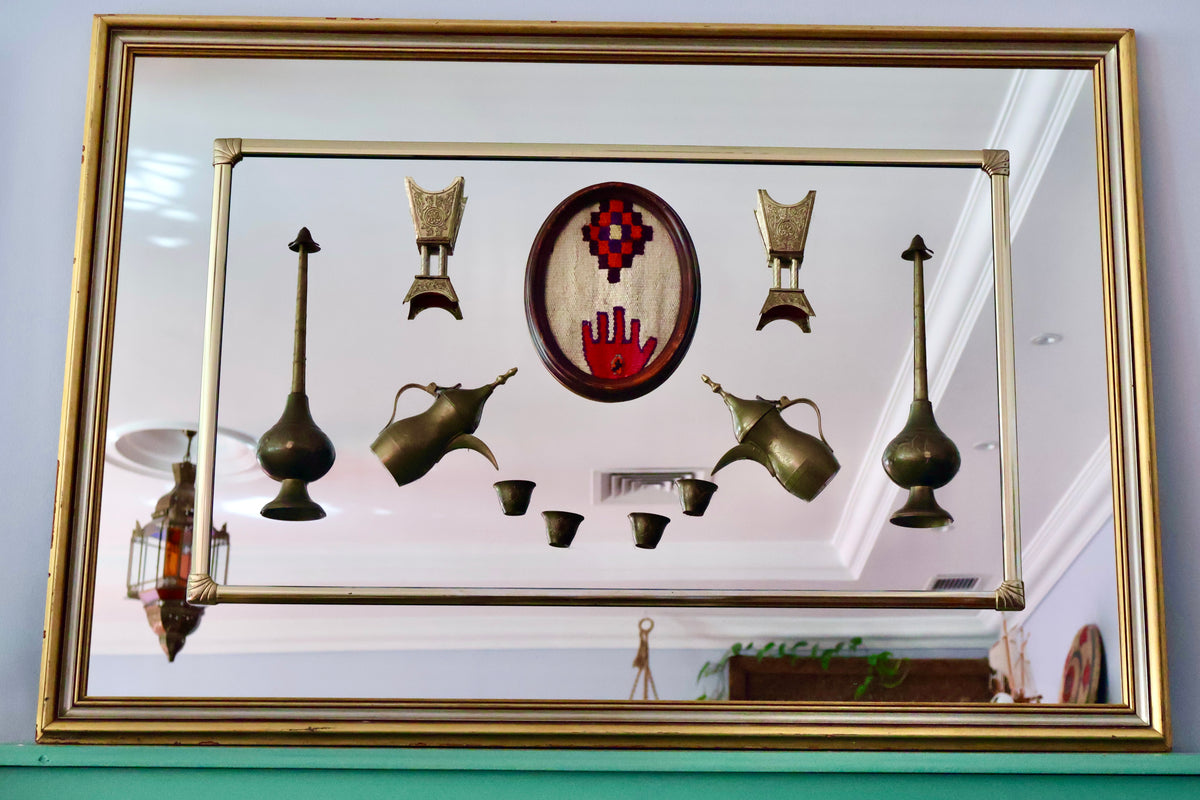 Vintage Kuwait Folk Art Diwaniya Mirror with Sadu & Traditional Brassware