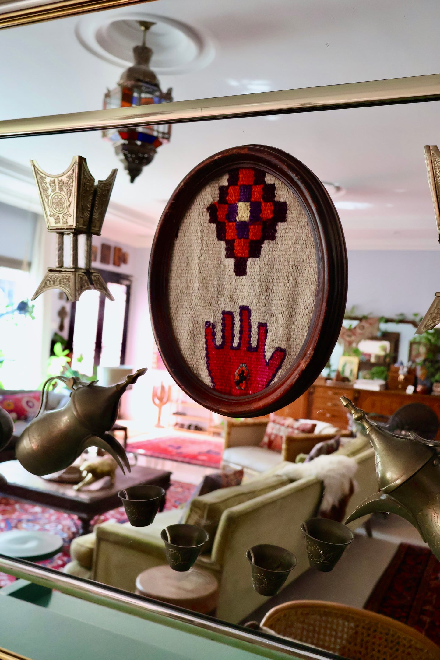Vintage Kuwait Folk Art Diwaniya Mirror with Sadu & Traditional Brassware