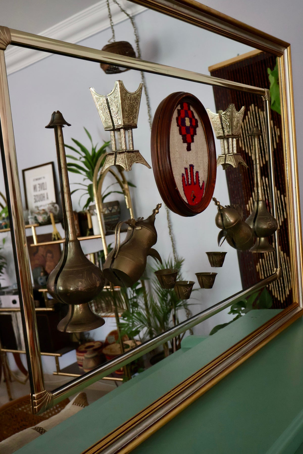 Vintage Kuwait Folk Art Diwaniya Mirror with Sadu & Traditional Brassware