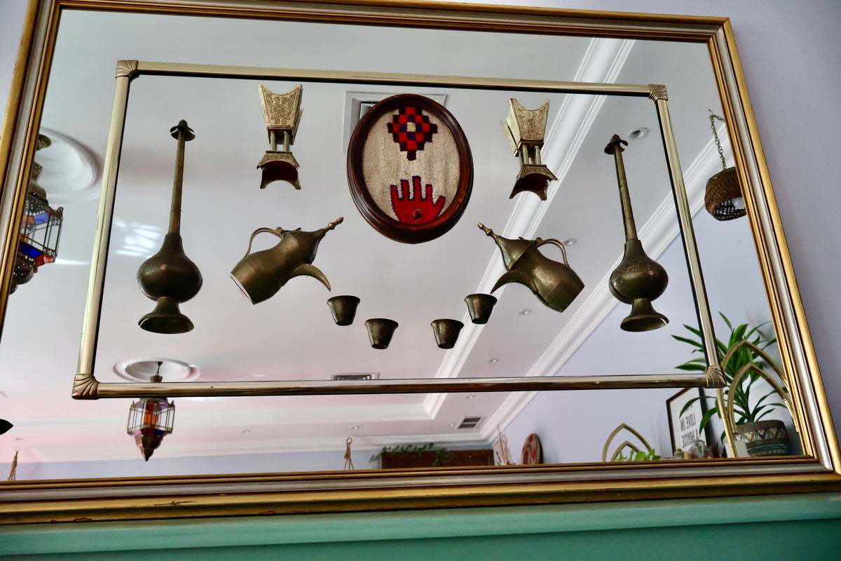 Vintage Kuwait Folk Art Diwaniya Mirror with Sadu & Traditional Brassware