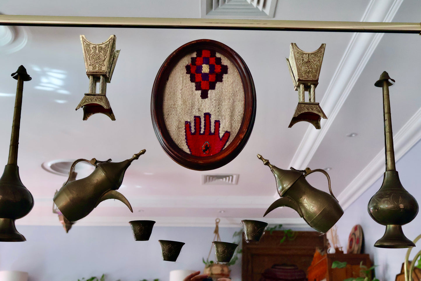 Vintage Kuwait Folk Art Diwaniya Mirror with Sadu & Traditional Brassware