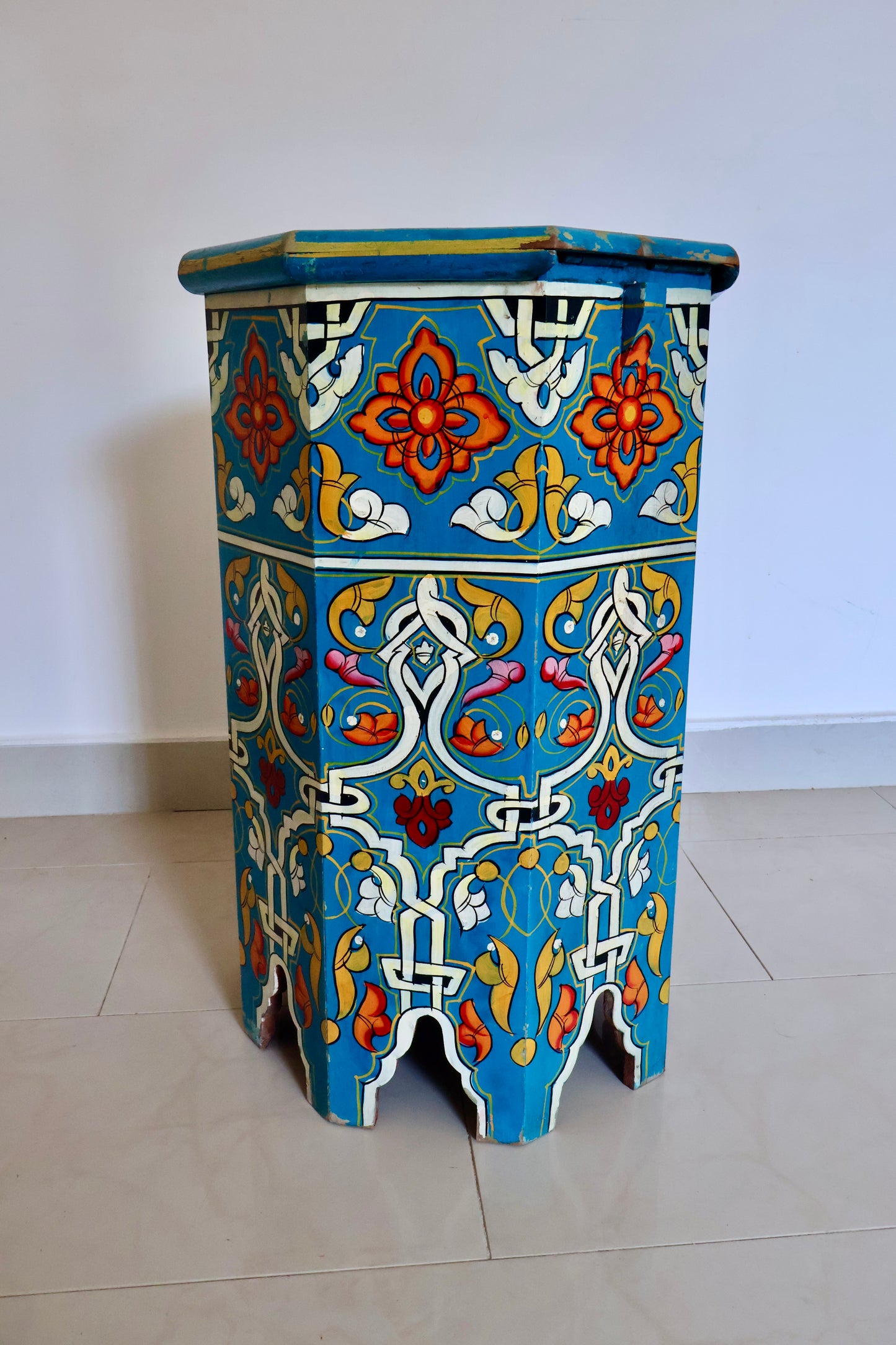 Vintage Hand-Painted Moroccan Storage Stool / Side Table
