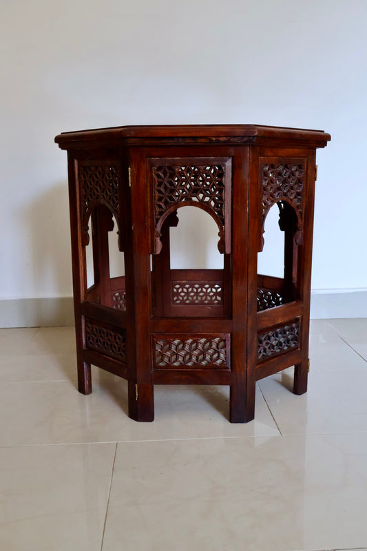 Vintage Indian Carved Wood Octagonal Side Table
