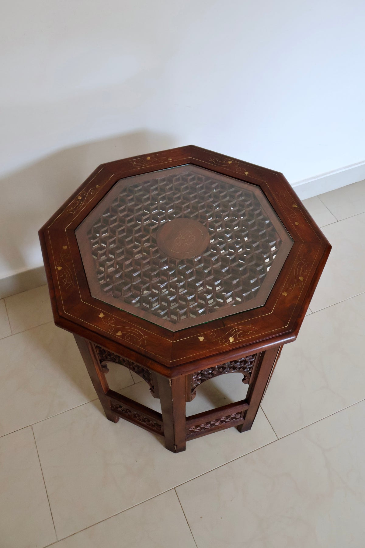Vintage Indian Carved Wood Octagonal Side Table