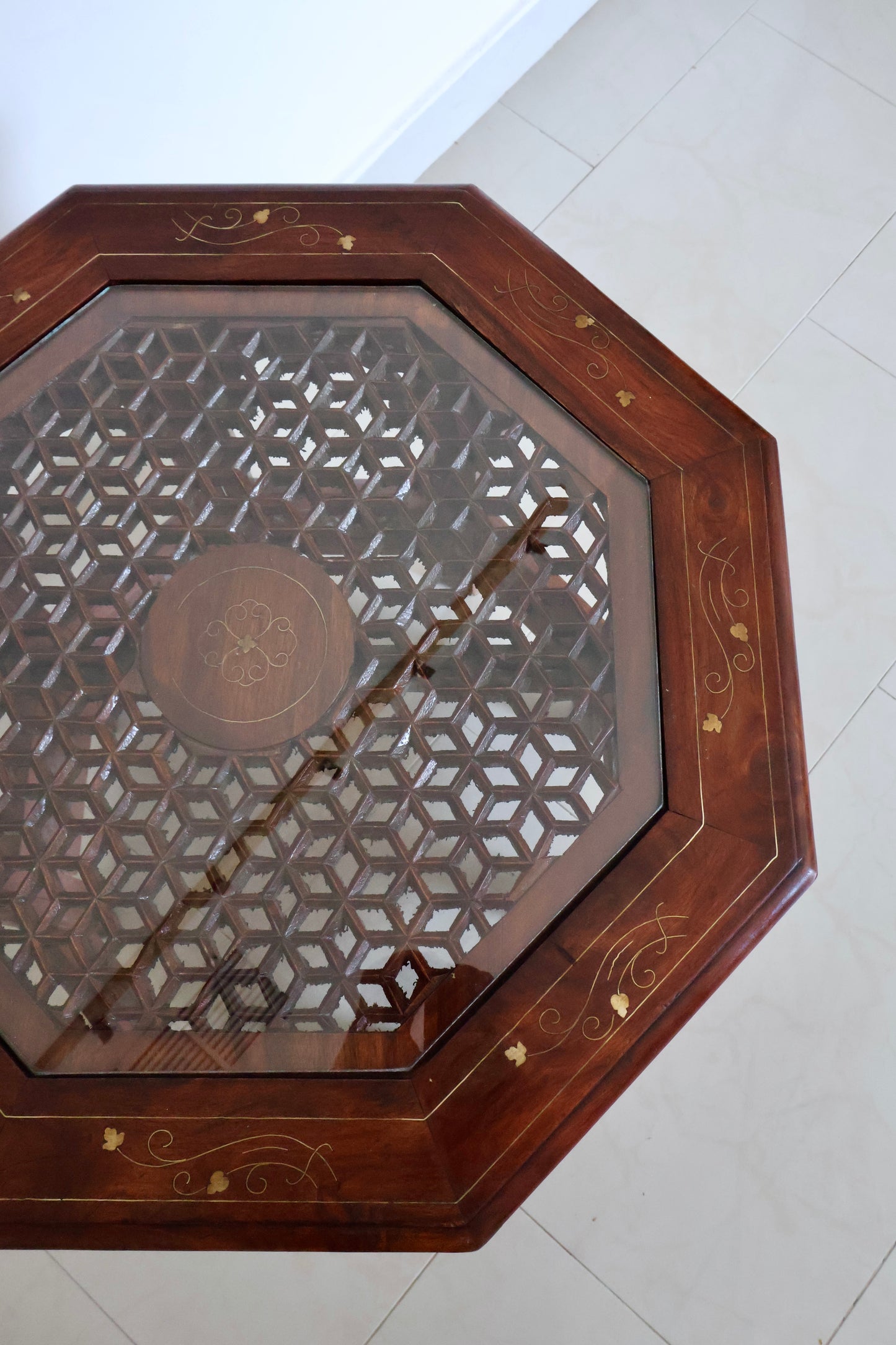Vintage Indian Carved Wood Octagonal Side Table