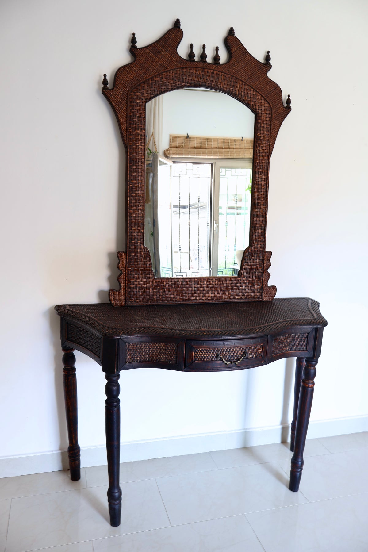 Vintage Rattan Console Table & Pagoda Mirror Set