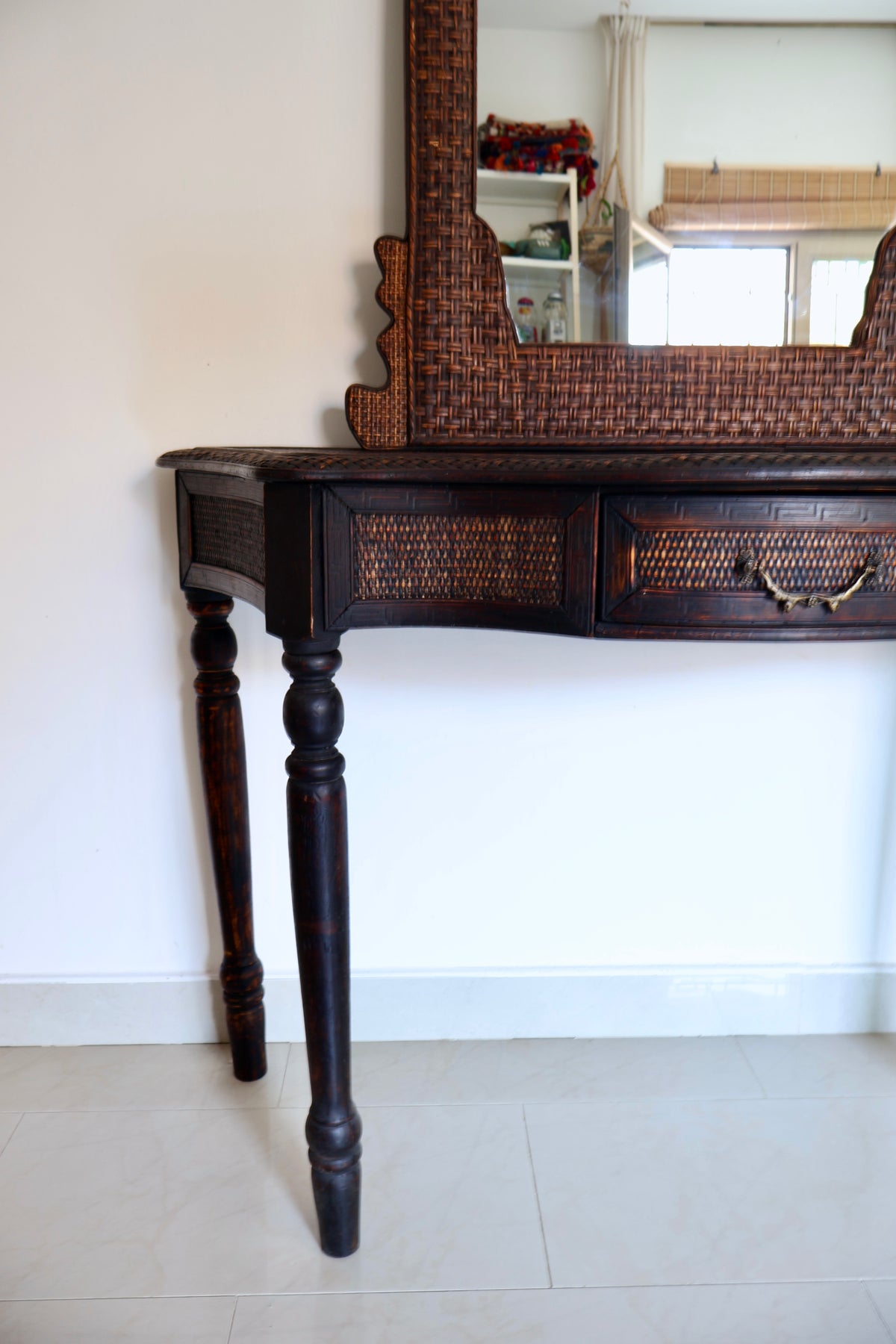 Vintage Rattan Console Table & Pagoda Mirror Set