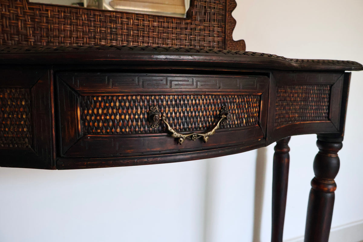 Vintage Rattan Console Table & Pagoda Mirror Set