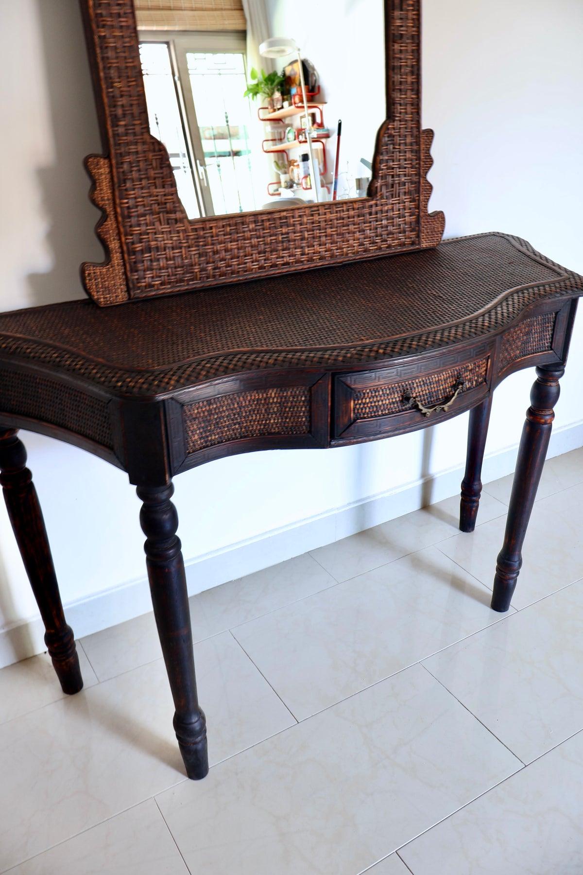 Vintage Rattan Console Table & Pagoda Mirror Set
