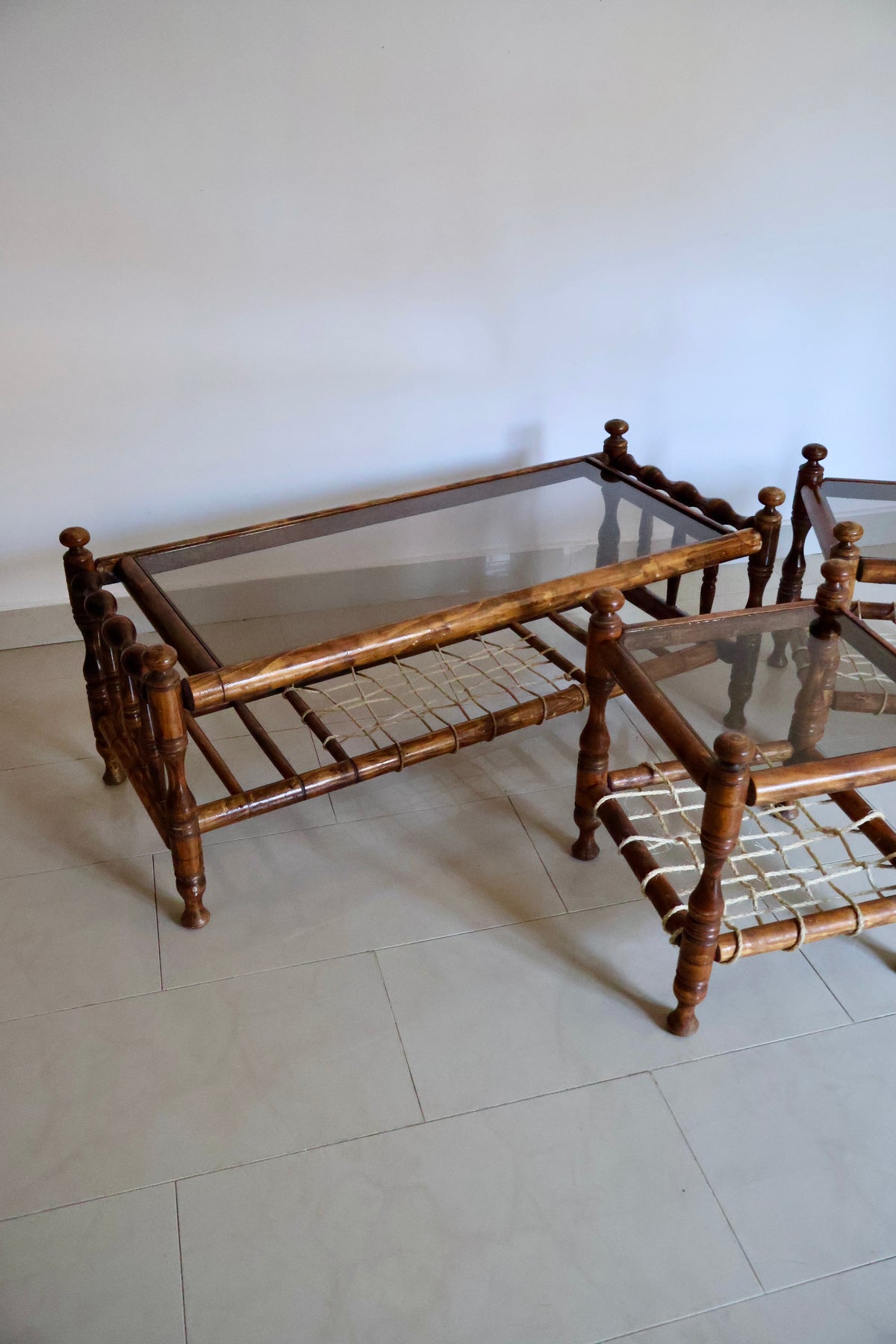 Vintage South Asian Charpai-Style Coffee & Side Table Set