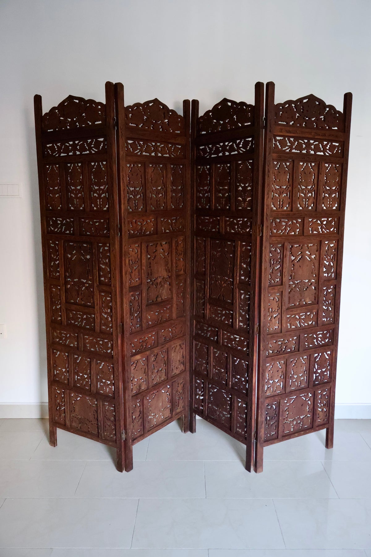 Vintage Indian Hand-Carved Solid Wood Folding Screen – 4 Panel