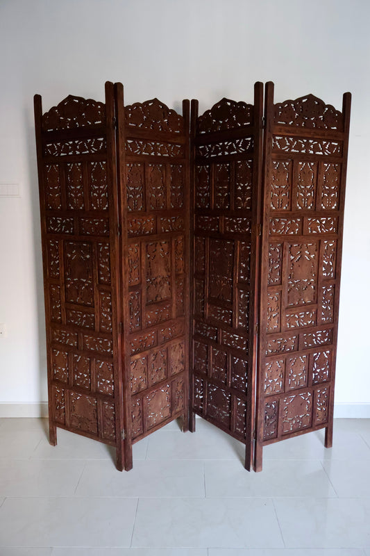 Vintage Indian Hand-Carved Solid Wood Folding Screen – 4 Panel