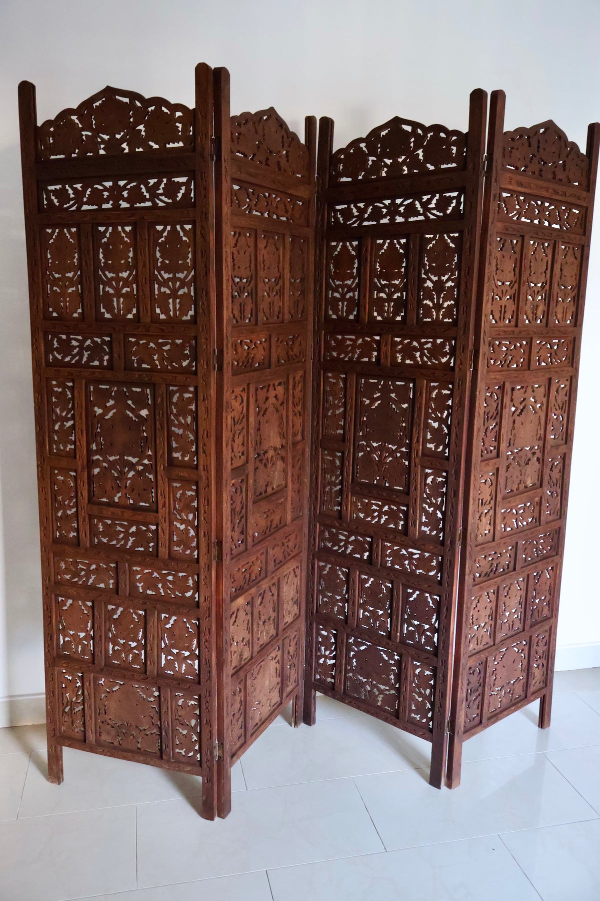 Vintage Indian Hand-Carved Solid Wood Folding Screen – 4 Panel