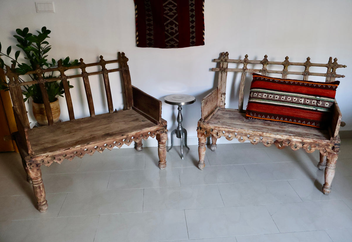 Pair of Antique Indian Carved Wood Benches – Circa 1900