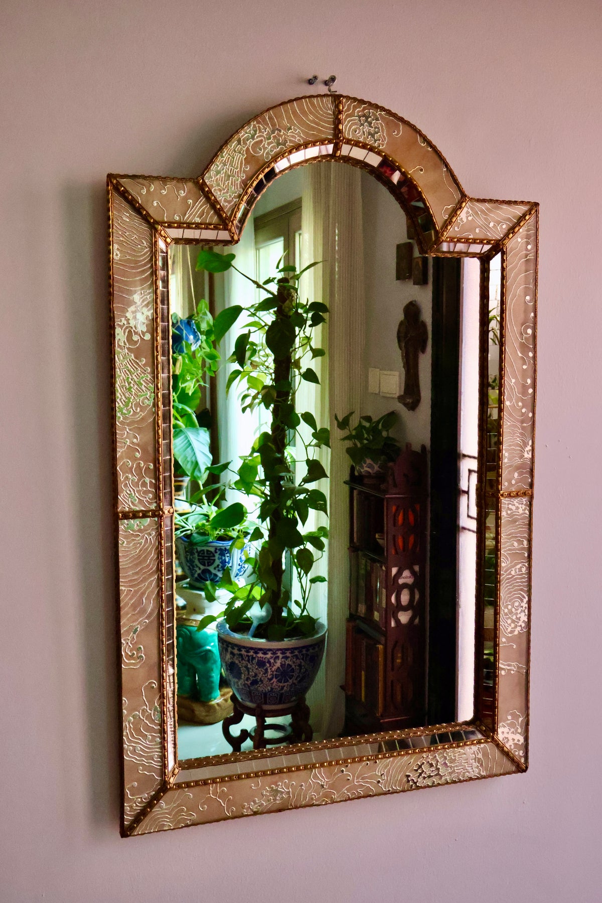 Mid-Century Italian Engraved Glass & Brass Mirror — circa 1950s–1960s