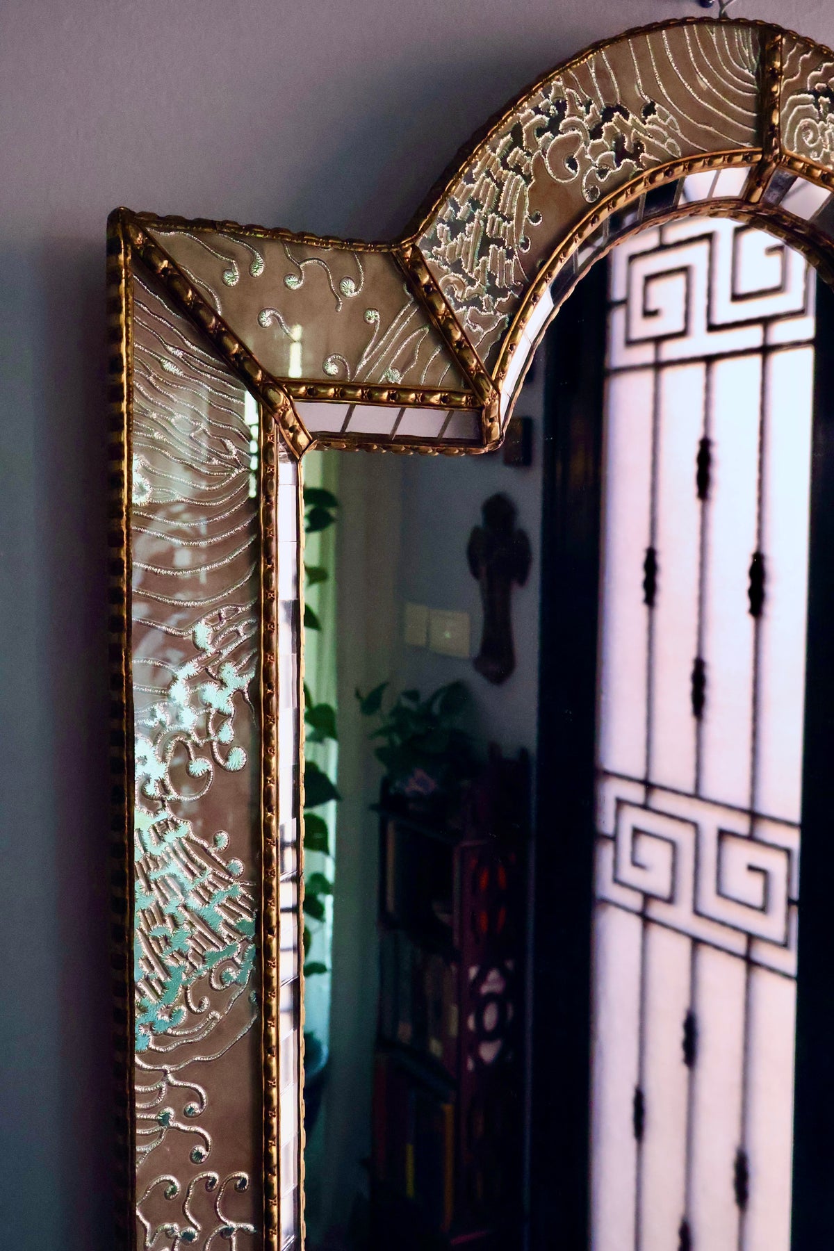 Mid-Century Italian Engraved Glass & Brass Mirror — circa 1950s–1960s