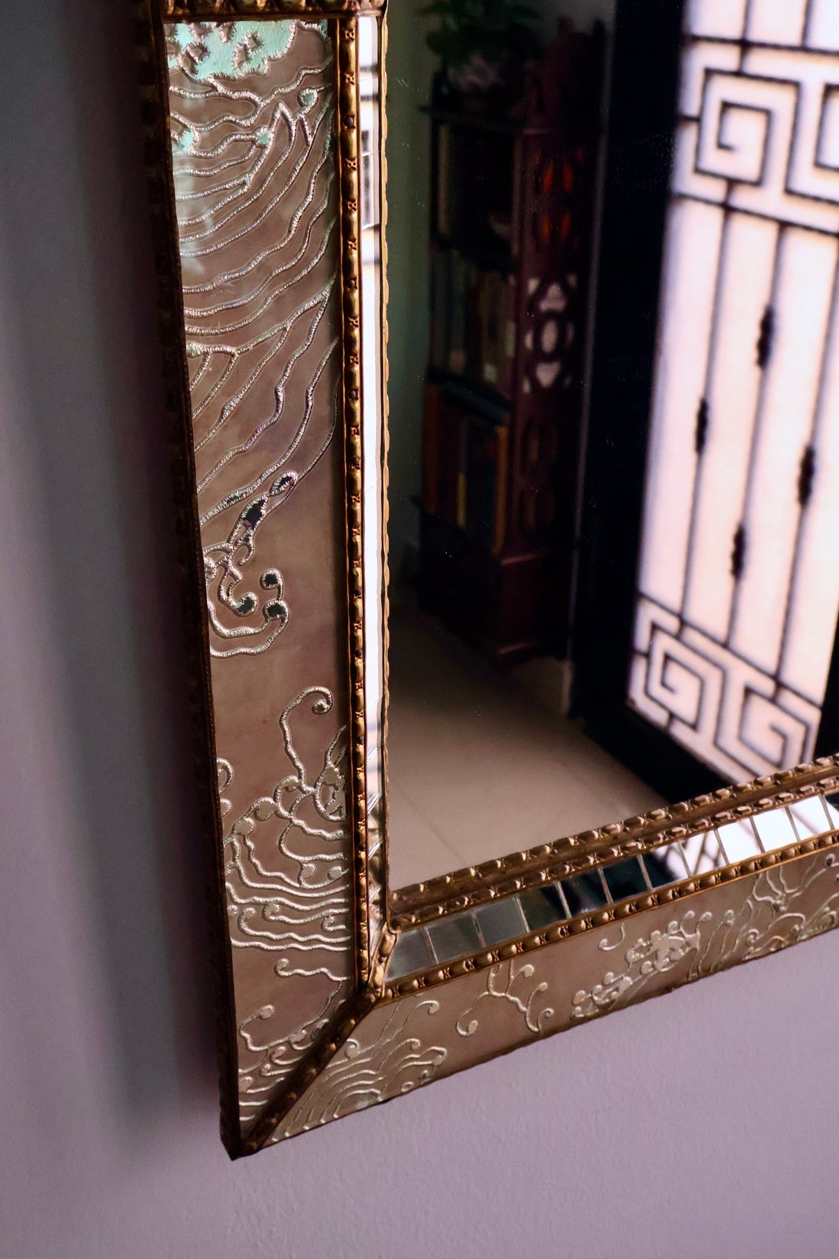 Mid-Century Italian Engraved Glass & Brass Mirror — circa 1950s–1960s
