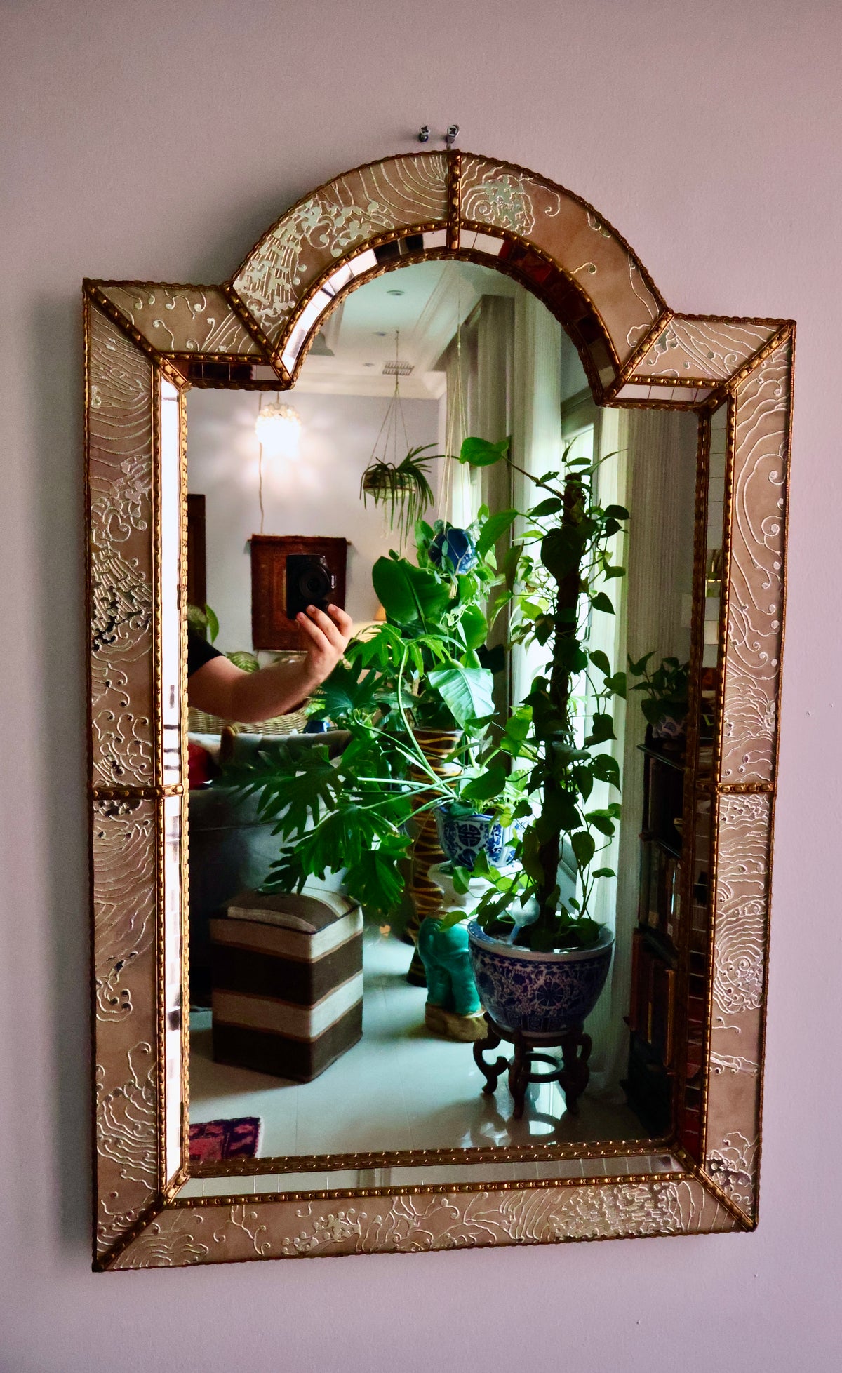 Mid-Century Italian Engraved Glass & Brass Mirror — circa 1950s–1960s