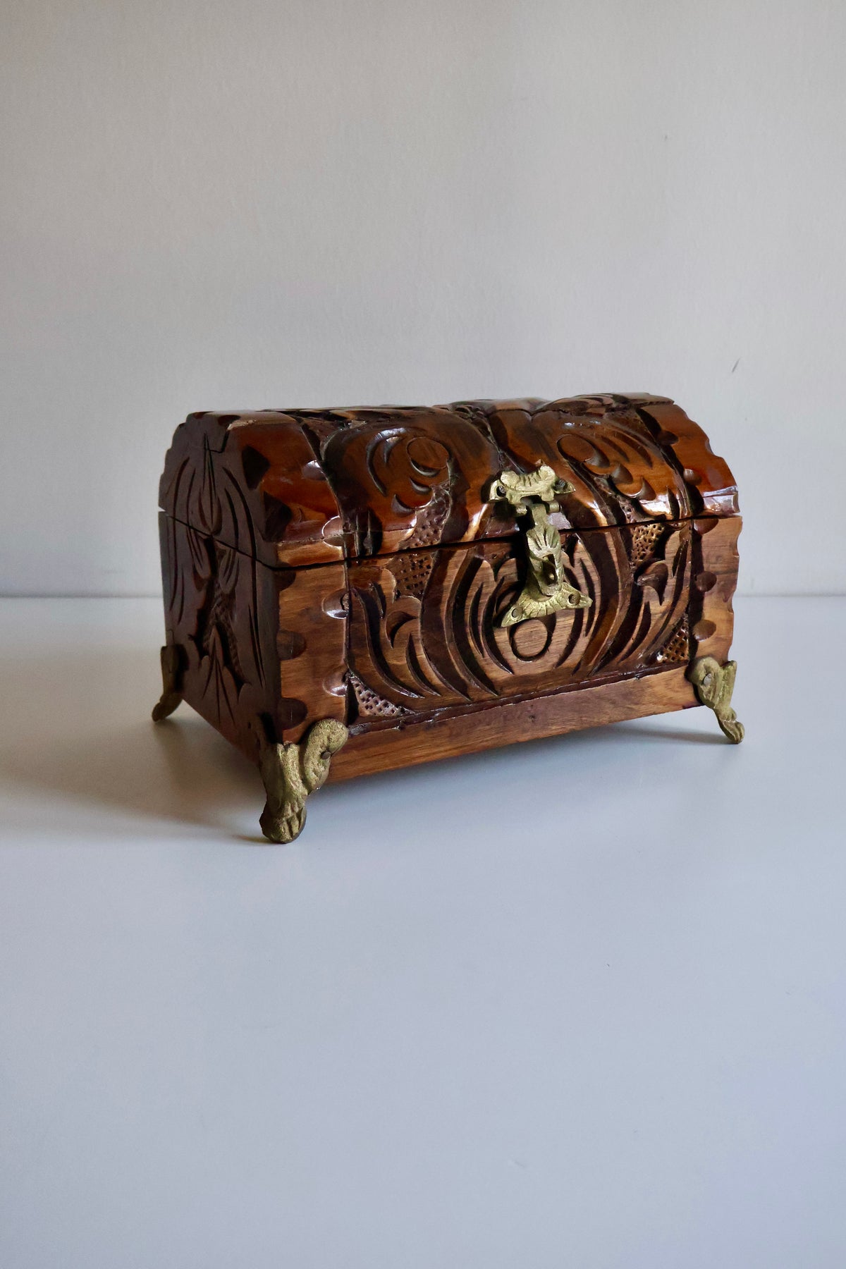 Vintage Indian Hand-Carved Wooden Jewelry Chest with Brass Details