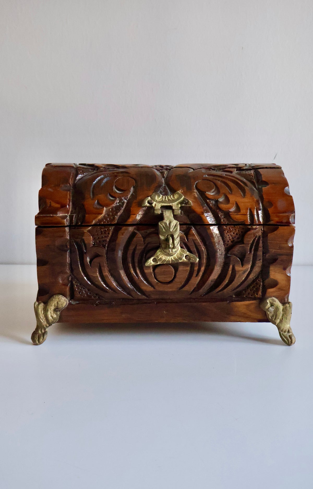 Vintage Indian Hand-Carved Wooden Jewelry Chest with Brass Details