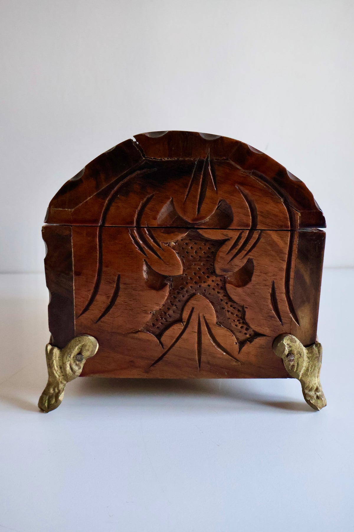 Vintage Indian Hand-Carved Wooden Jewelry Chest with Brass Details