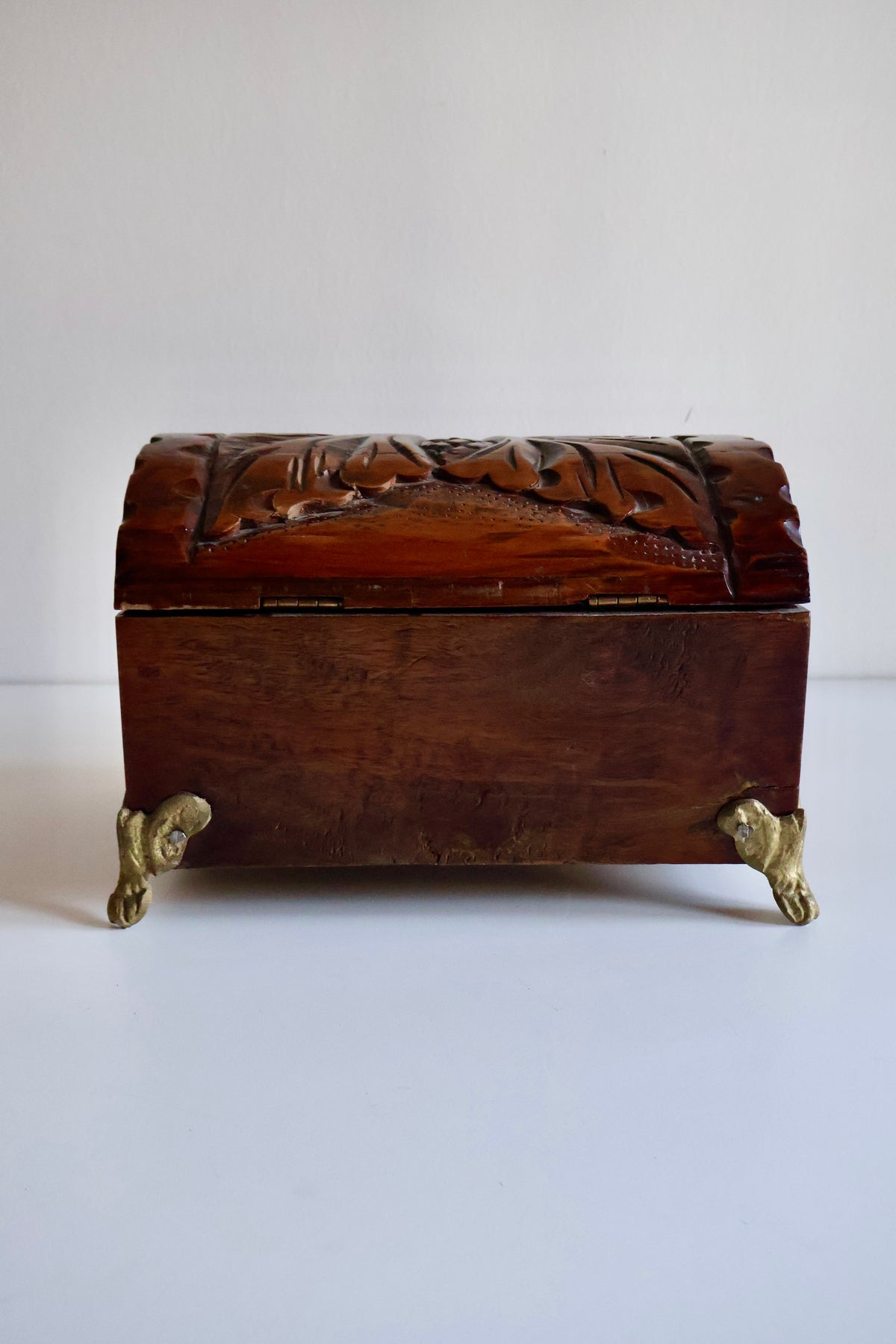 Vintage Indian Hand-Carved Wooden Jewelry Chest with Brass Details