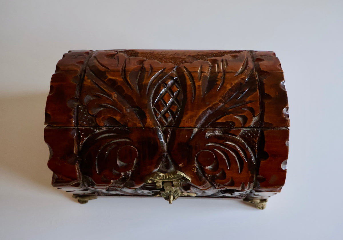 Vintage Indian Hand-Carved Wooden Jewelry Chest with Brass Details