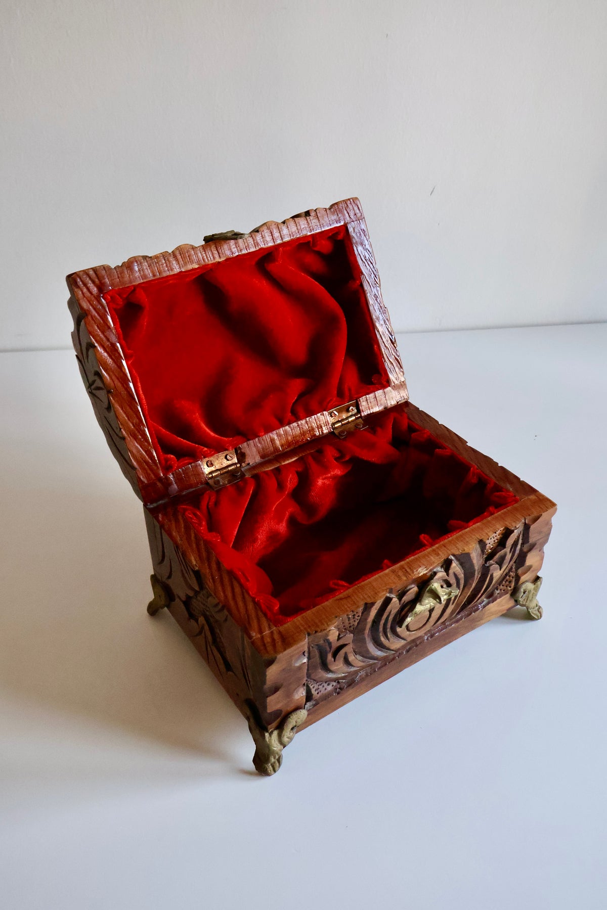 Vintage Indian Hand-Carved Wooden Jewelry Chest with Brass Details