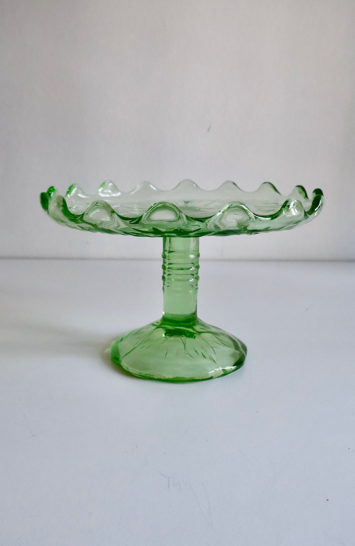 Vintage Green Pressed Glass Pedestal Serving Stand