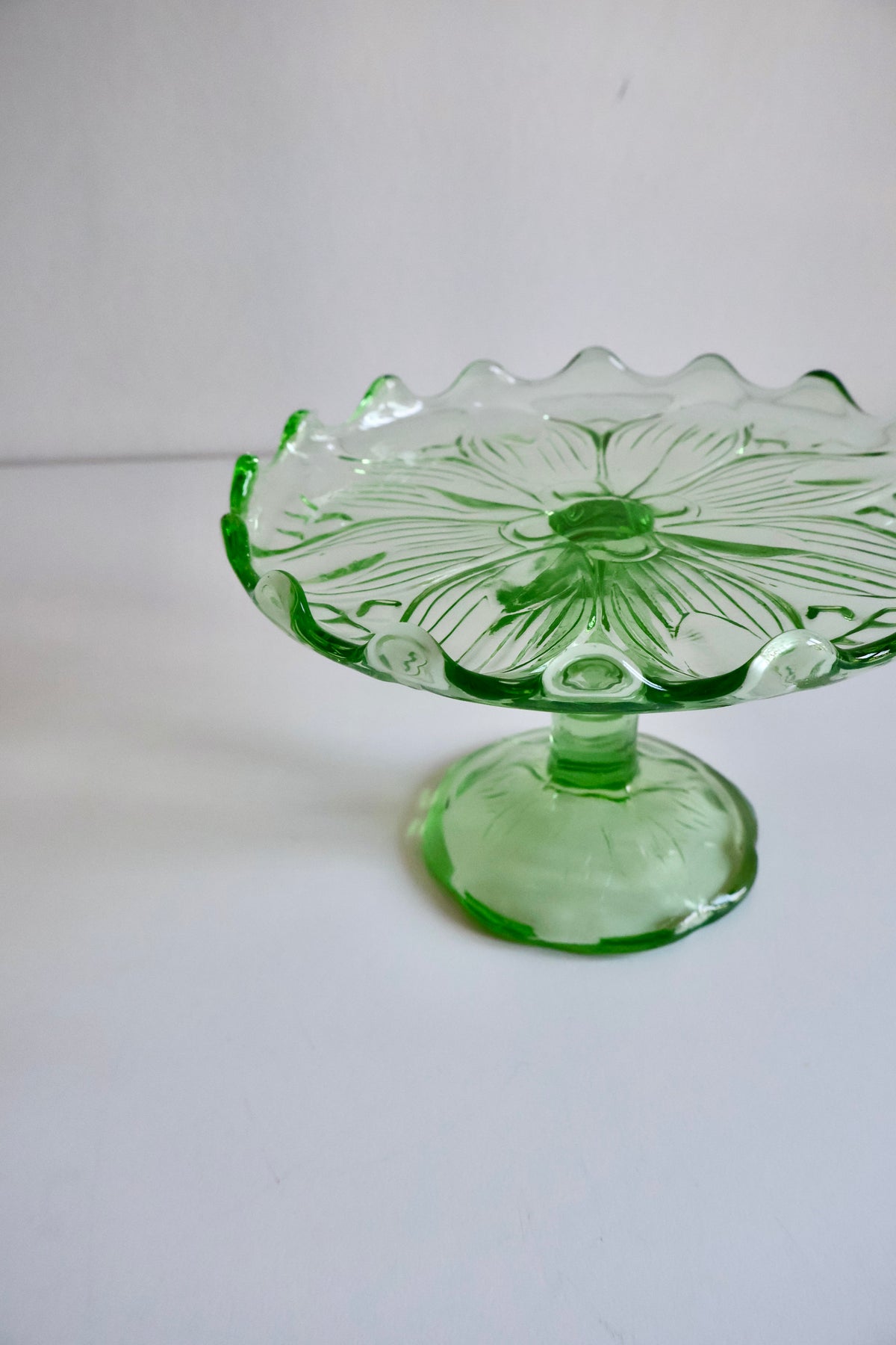 Vintage Green Pressed Glass Pedestal Serving Stand
