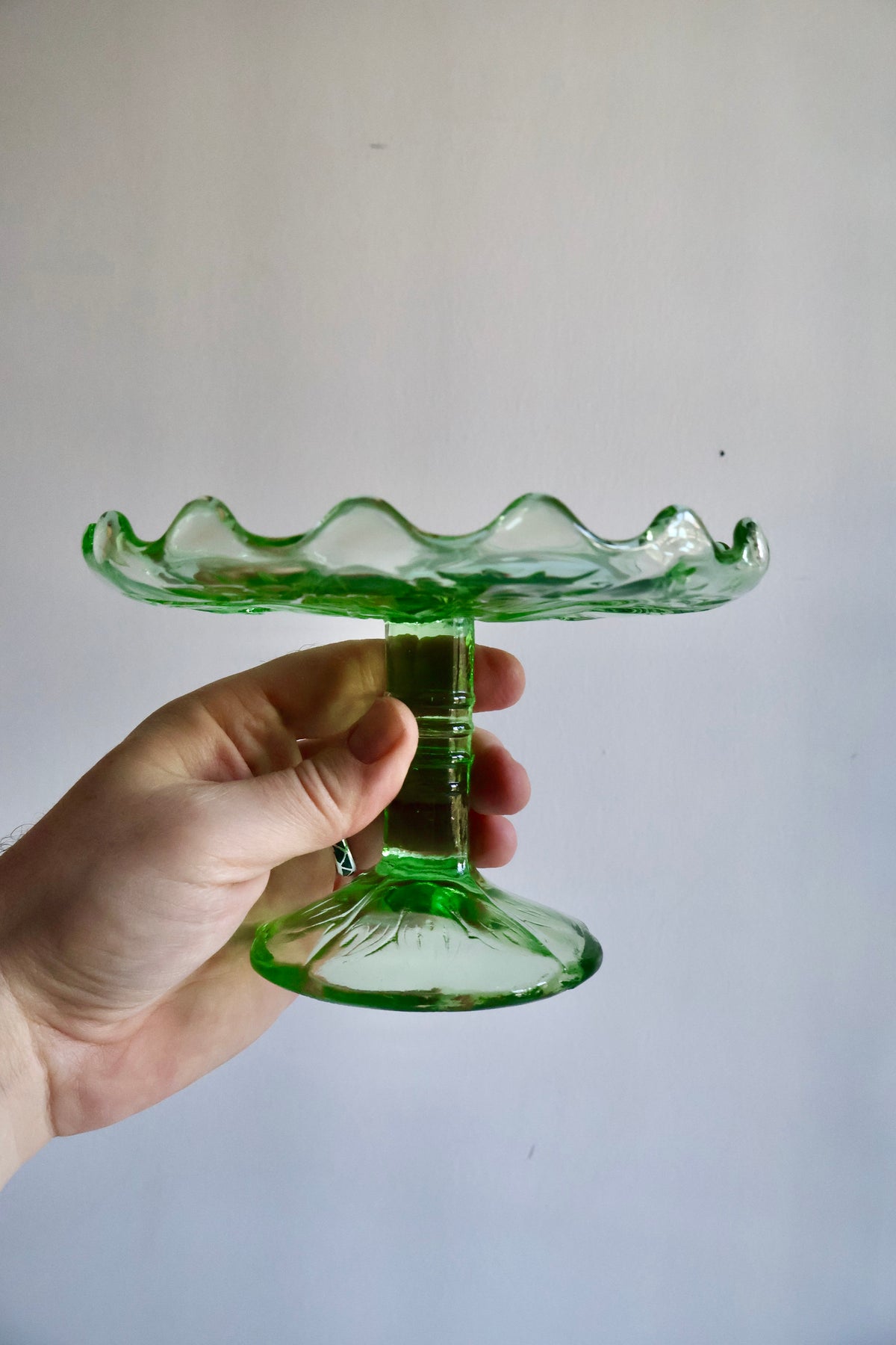 Vintage Green Pressed Glass Pedestal Serving Stand