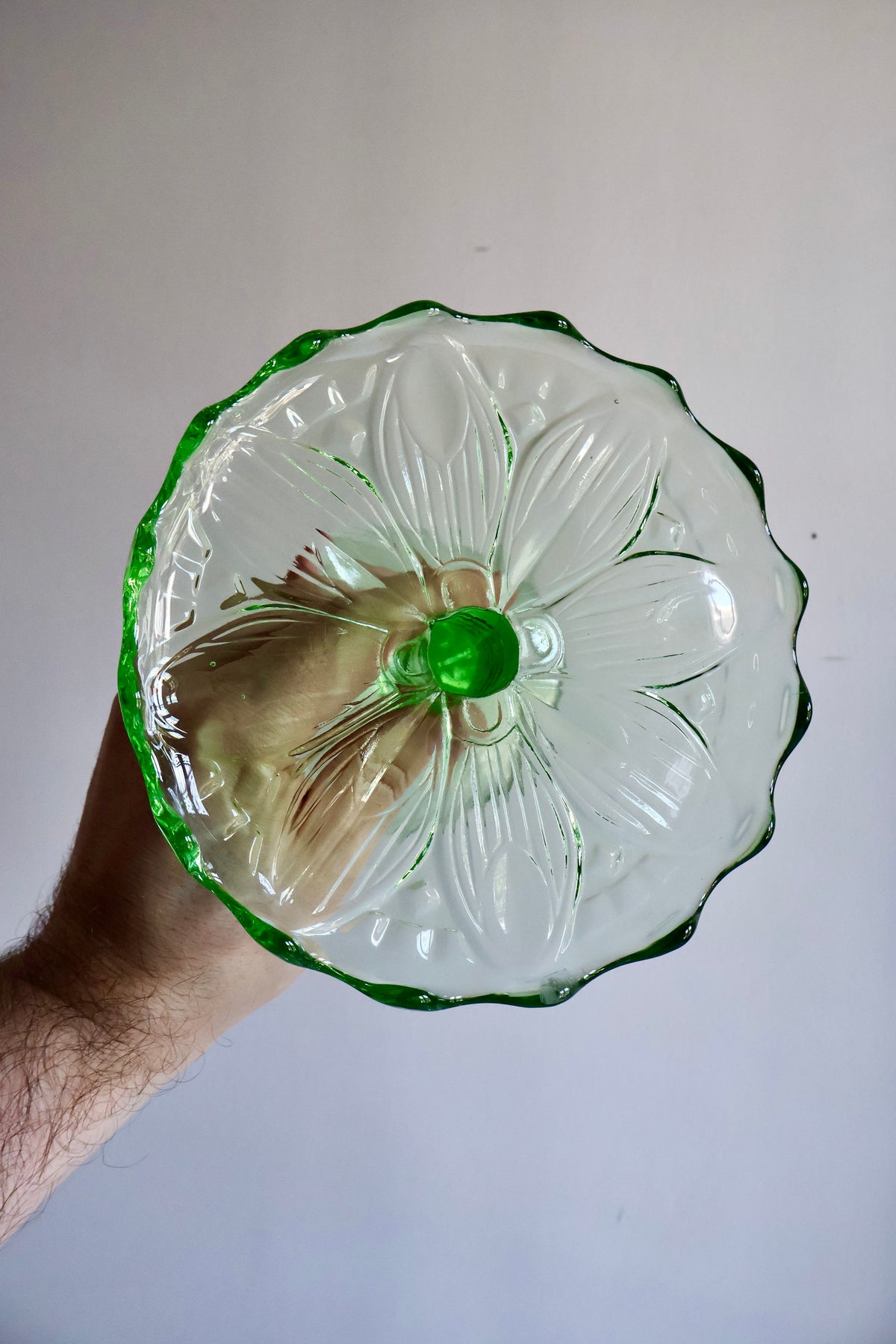 Vintage Green Pressed Glass Pedestal Serving Stand