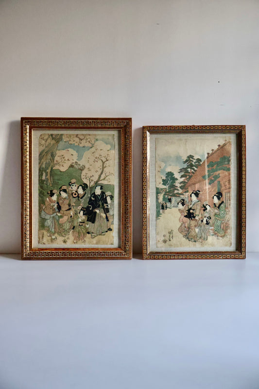 Utagawa Kunisada Woodblock Print Diptych in Vintage Khatam Kari Frames