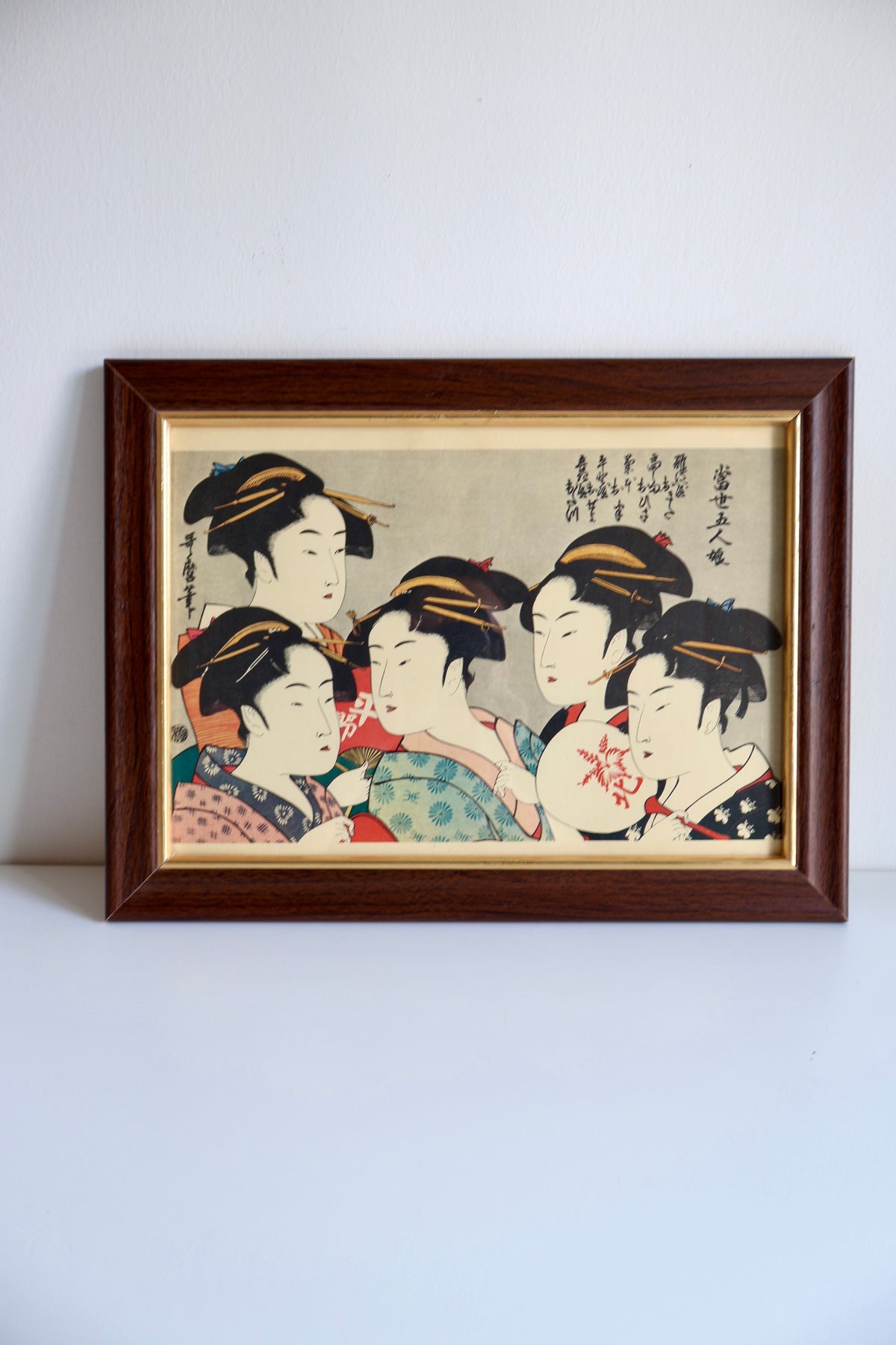 Vintage Framed Japanese Print After Kitagawa Utamaro – Five Beauties of the Present Day