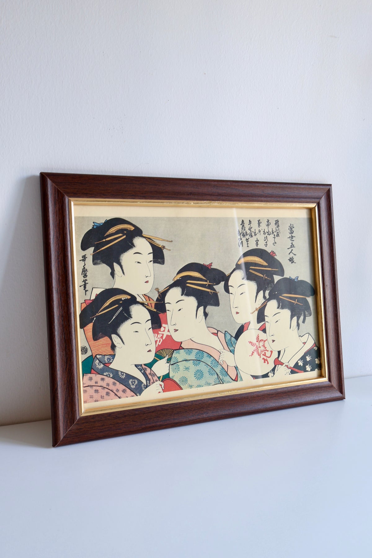 Vintage Framed Japanese Print After Kitagawa Utamaro – Five Beauties of the Present Day