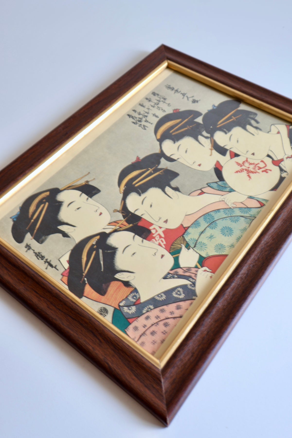 Vintage Framed Japanese Print After Kitagawa Utamaro – Five Beauties of the Present Day