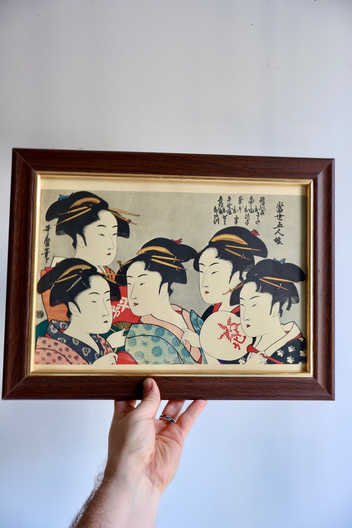 Vintage Framed Japanese Print After Kitagawa Utamaro – Five Beauties of the Present Day