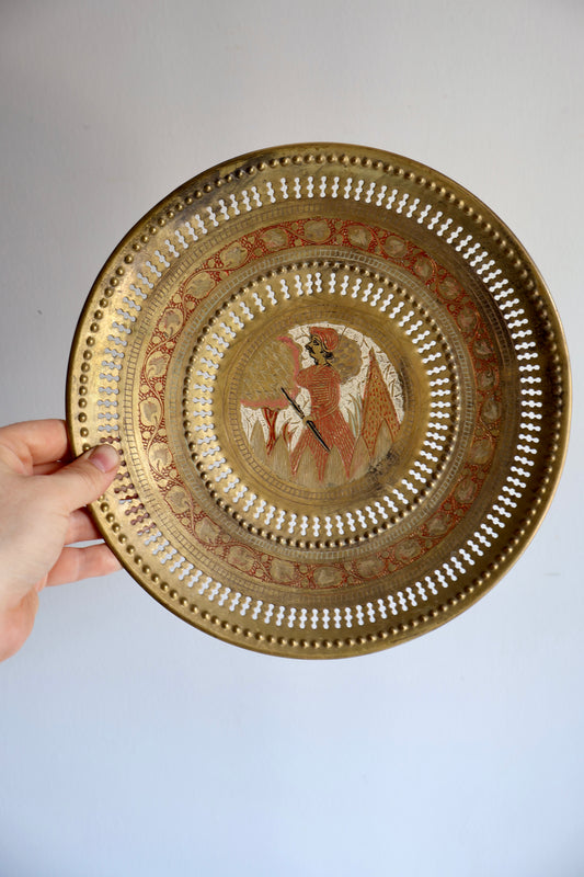 Vintage Indian Brass Decorative Tray with Hand-Etched Figure – 29 cm