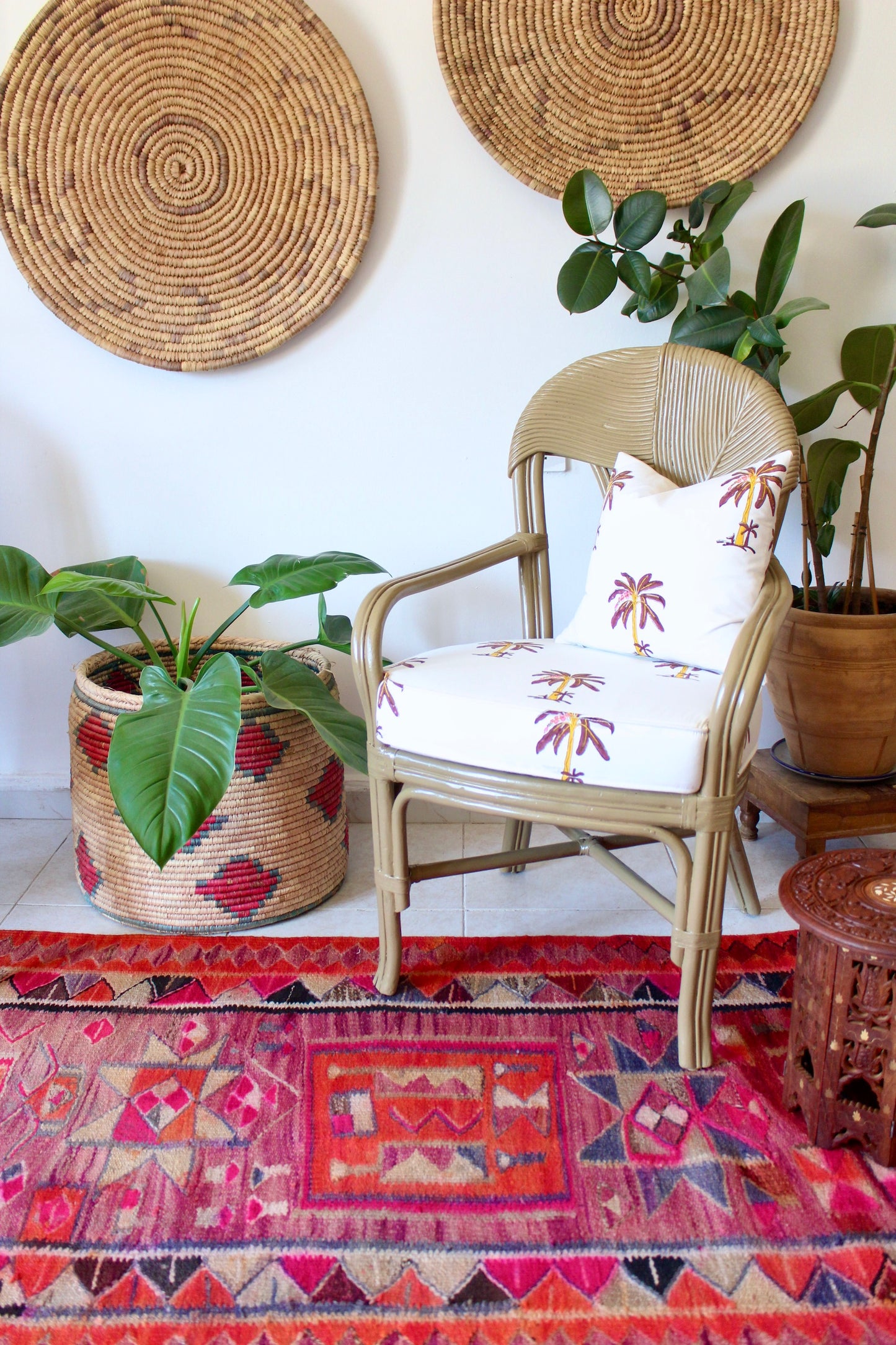 Vintage 1980's Bamboo Arm Chairs Set with Handmade Blockprint Cushions