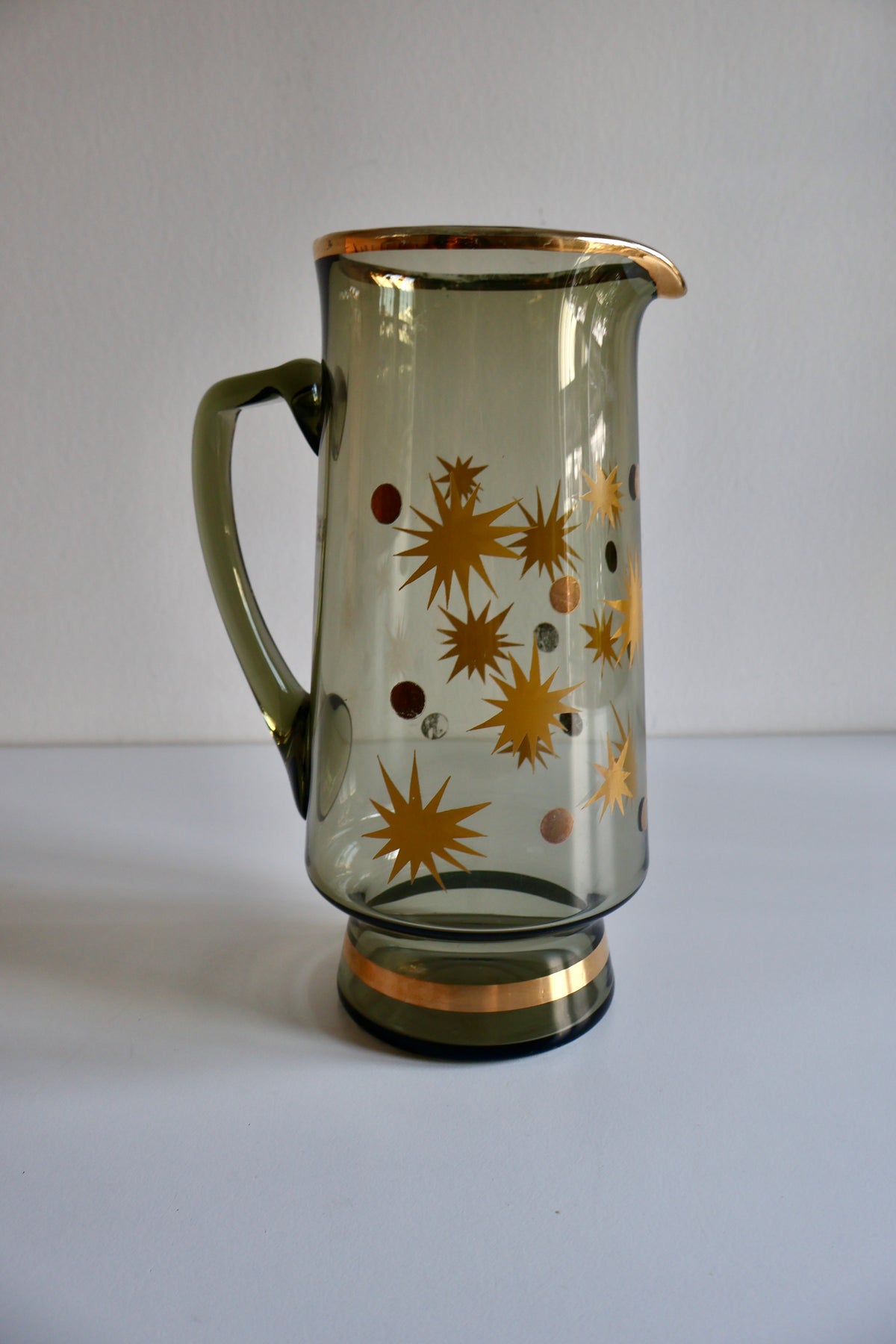 Vintage Smoked Glass Pitcher with Gold Starburst Design – 24 cm