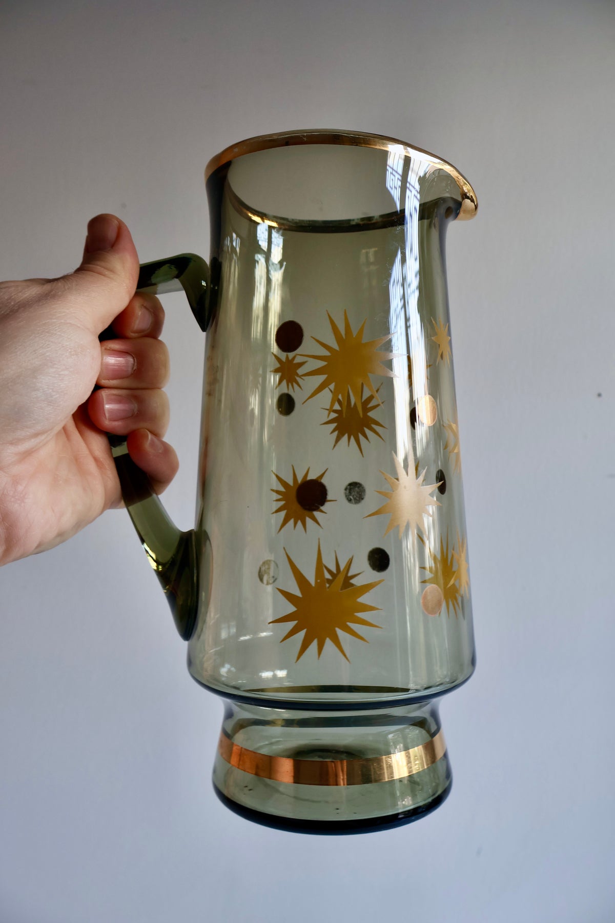 Vintage Smoked Glass Pitcher with Gold Starburst Design – 24 cm